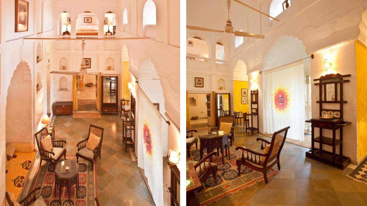 two pictures of a living room and a dining room at Neemrana Fort-Palace in Neemrana