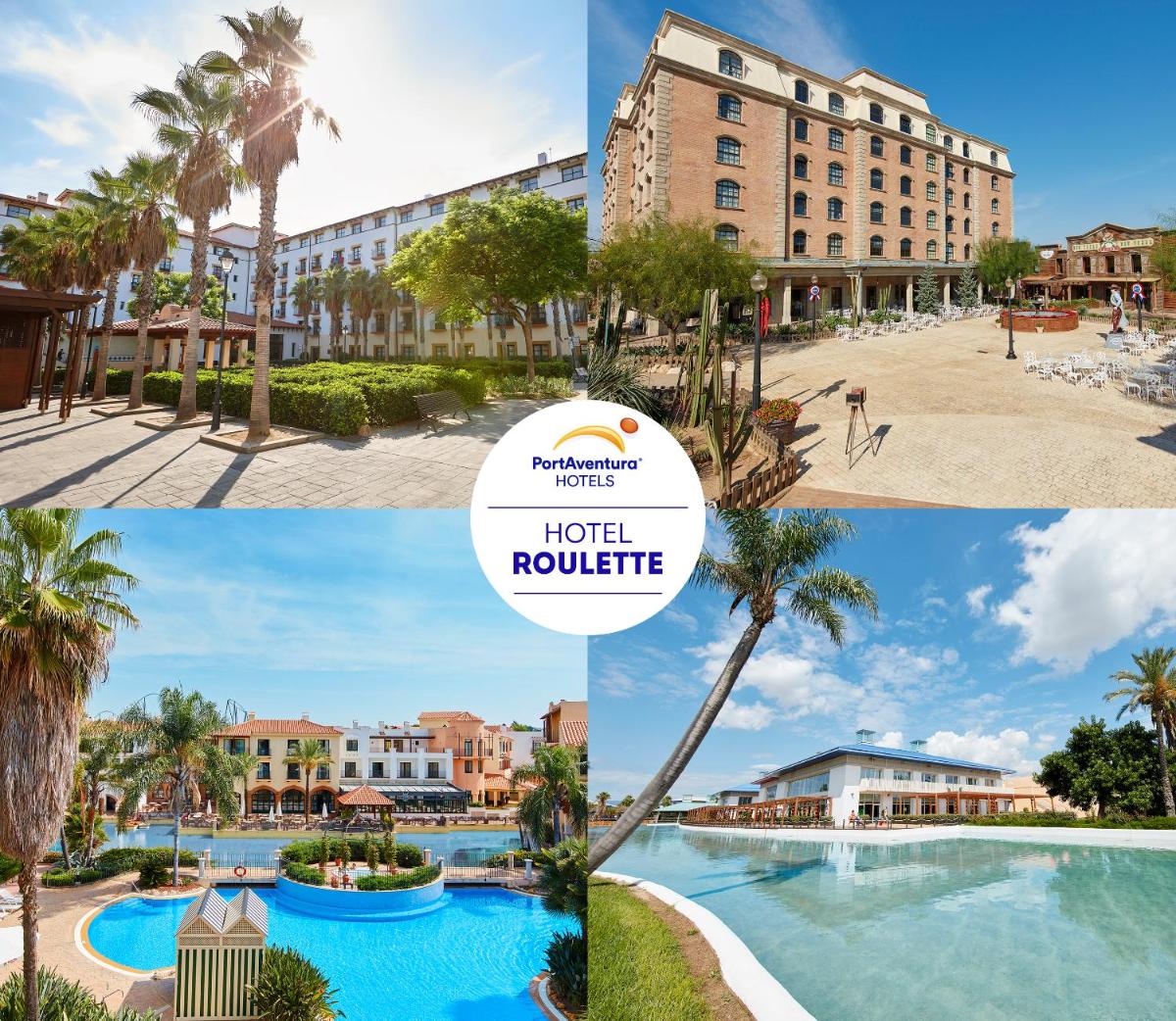 Un collage de fotos de un hotel y un resort. en PortAventura Hotel Roulette - Includes unlimited access to PortAventura Park & 1 access to Ferrari Land, en Salou