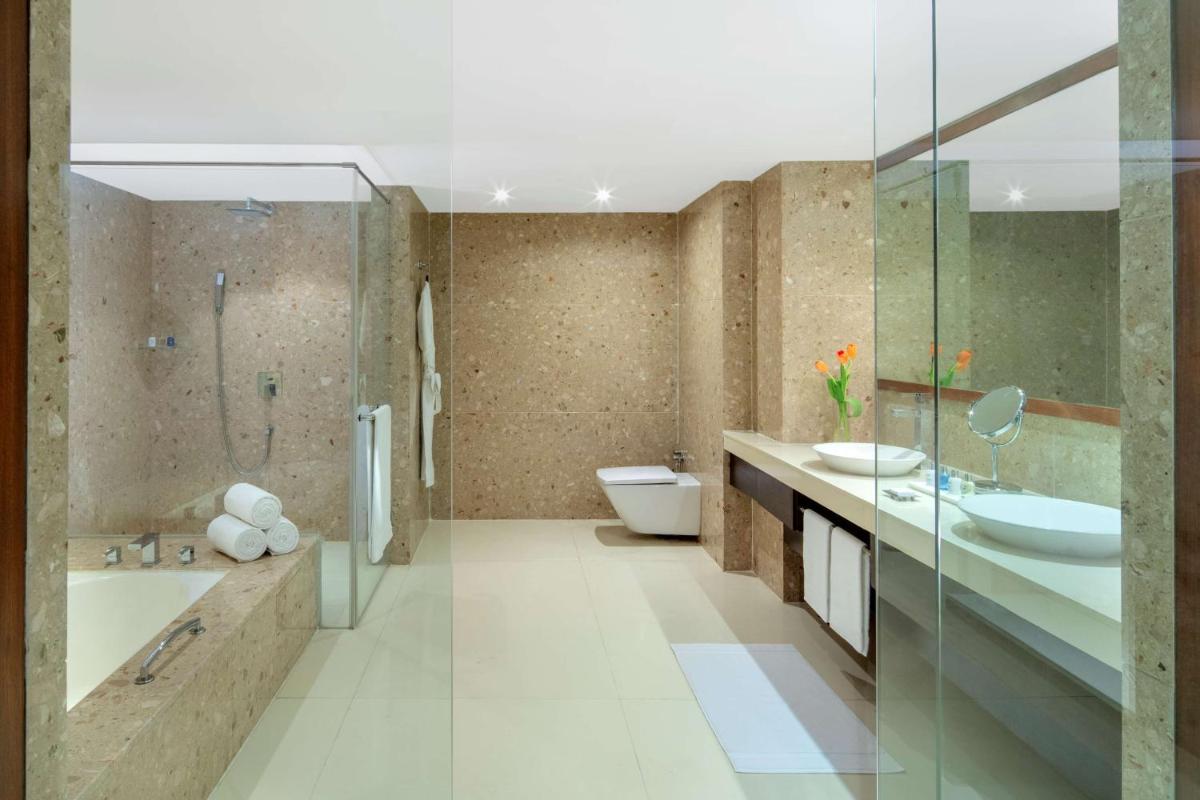 a bathroom with a toilet and a sink and a shower at Radisson Blu Plaza Hotel Hyderabad Banjara Hills in Hyderabad a bathroom with a toilet and a sink and a shower at Radisson Blu Plaza Hotel Hyderabad Banjara Hills in Hyderabad