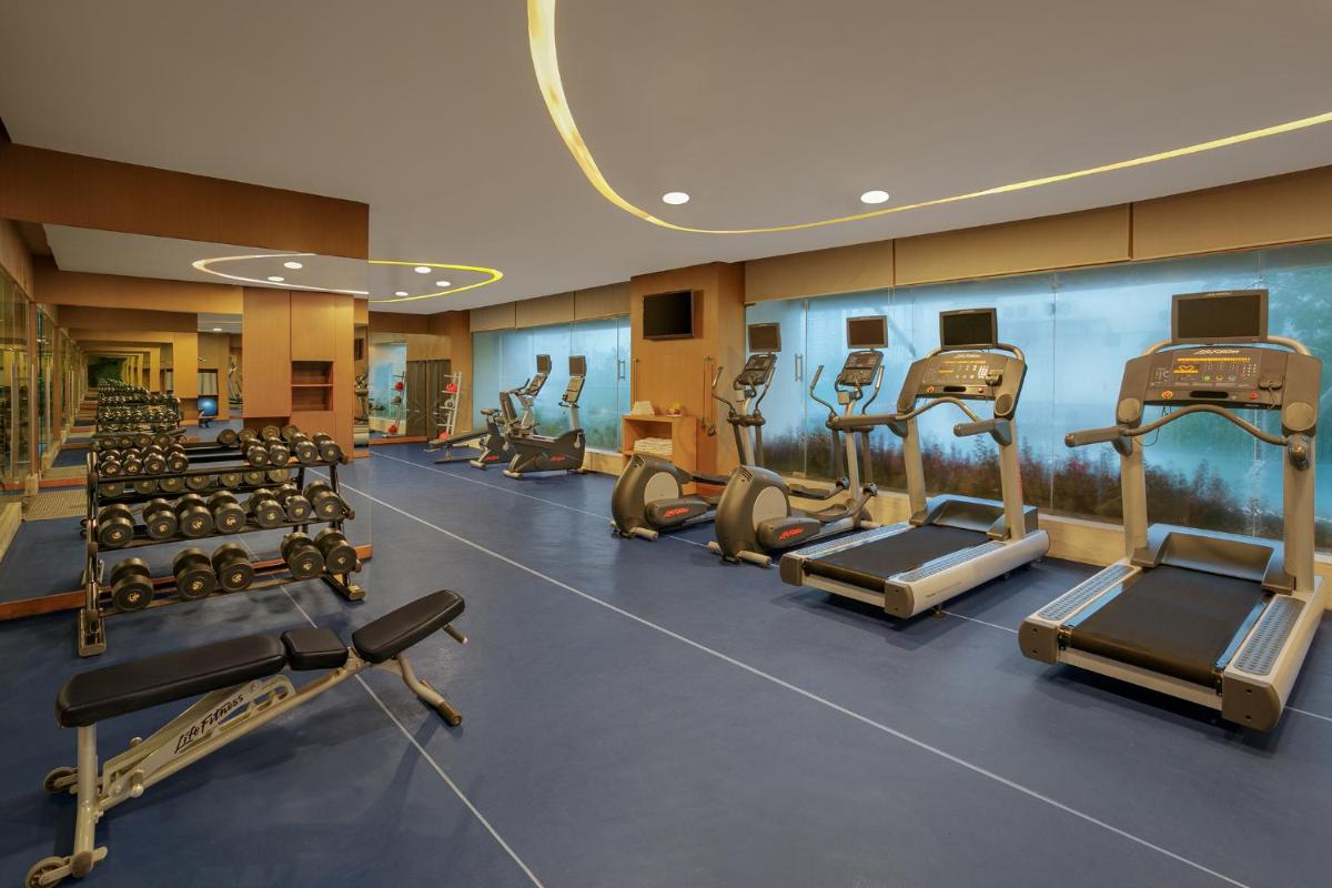 a gym with treadmills and machines in a room at Novotel Ahmedabad in Ahmedabad