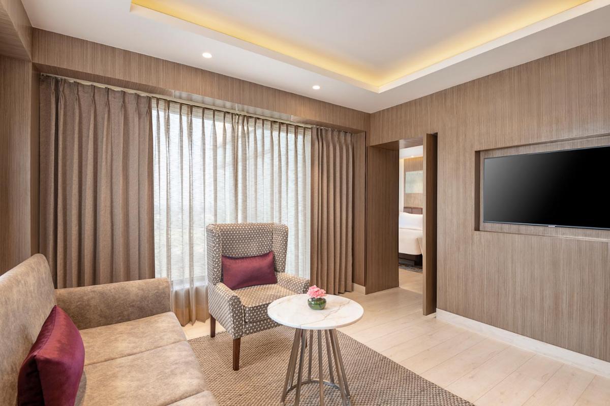 a living room with a couch and a tv at Radisson Blu Hotel Amritsar in Amritsar