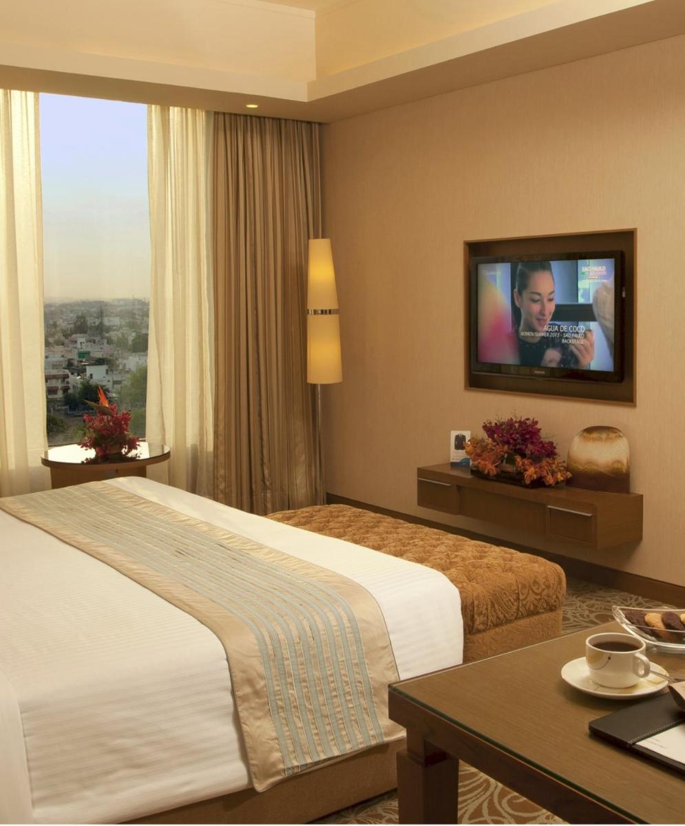 a hotel room with a bed and a flat screen tv at Radisson Blu Hotel, Nagpur in Nagpur