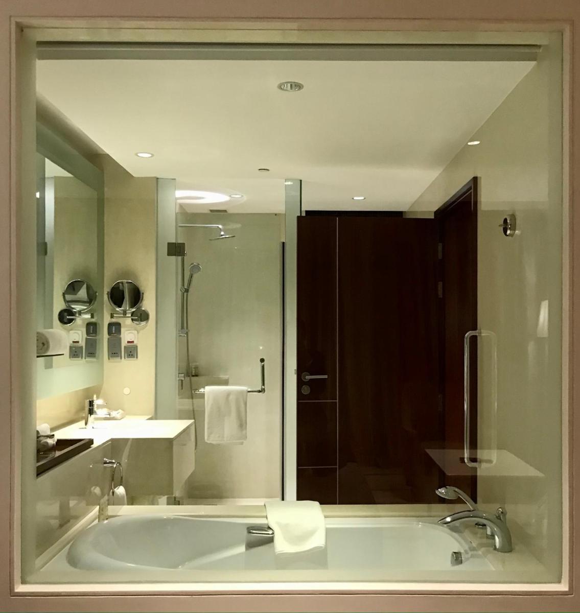 a bathroom with a tub and a shower with a mirror at Crowne Plaza Kochi by IHG in Cochin