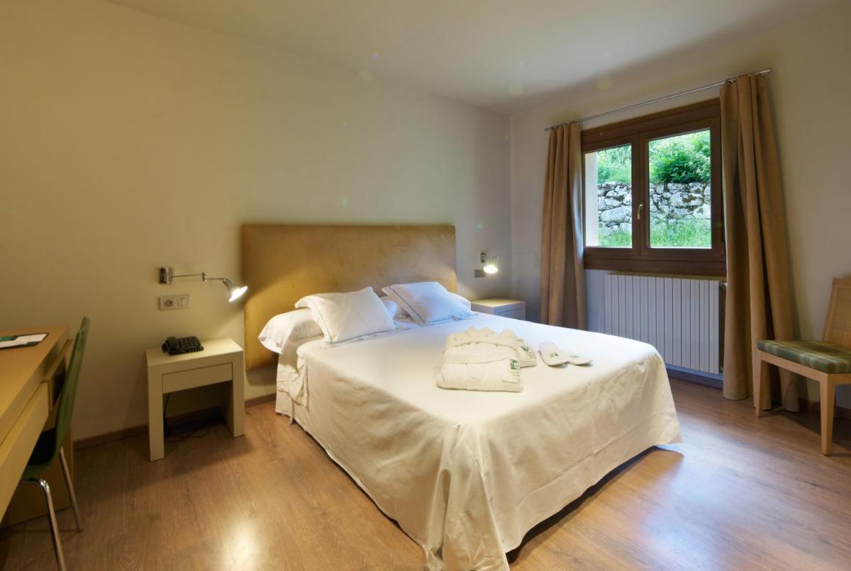 Un dormitorio con una cama y un escritorio y una ventana. en Hotel Manantial, en Caldes de Boí