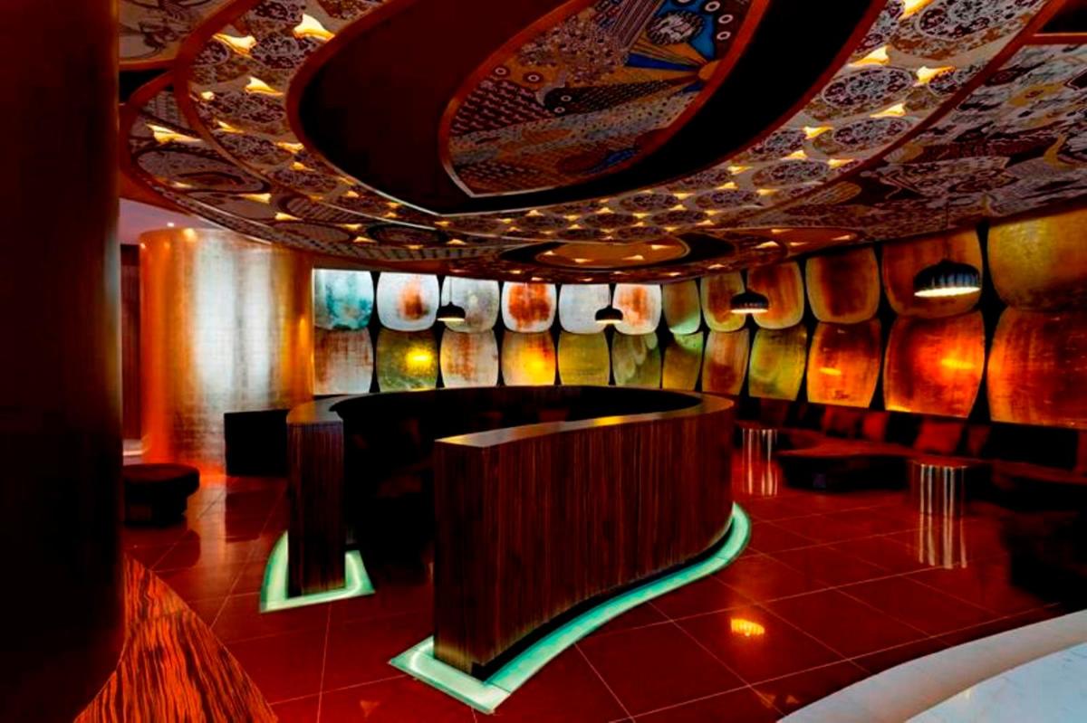 a room with a table and a ceiling with bowls at The Park Hyderabad, Banjara Hills near Hussain Sagar Lake in Hyderabad a room with a table and a ceiling with bowls at The Park Hyderabad, Banjara Hills near Hussain Sagar Lake in Hyderabad