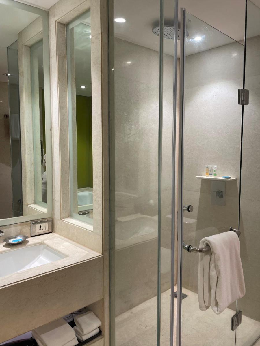 a bathroom with a shower with a sink and a mirror at Hyatt Centric Janakpuri New Delhi in New Delhi
