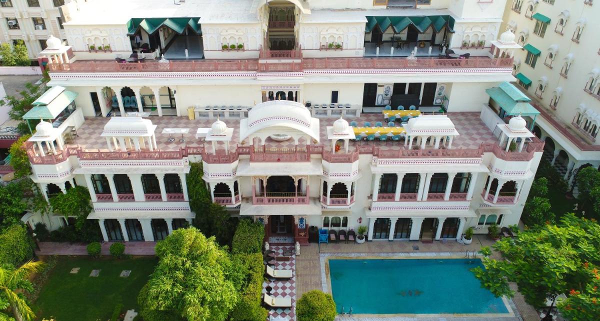 an aerial view of a mansion with a swimming pool at Shahpura House in Jaipur