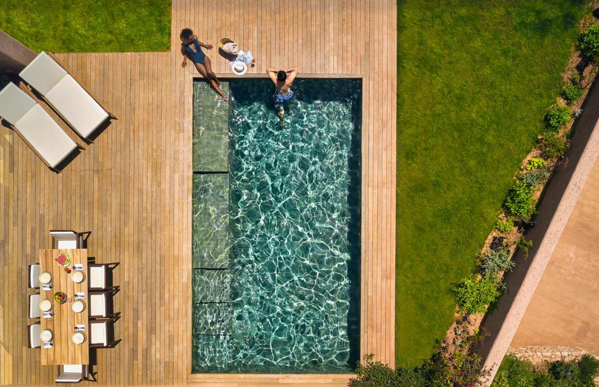 una vista aérea de una piscina con un perro. en Six Senses Ibiza, en Portinatx