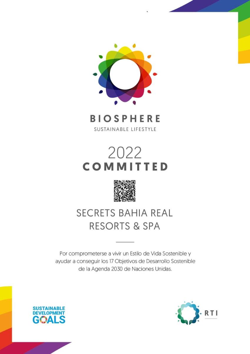 Certificado, premio, señal o documento que está expuesto en Secrets Bahía Real Resort & Spa Adults only