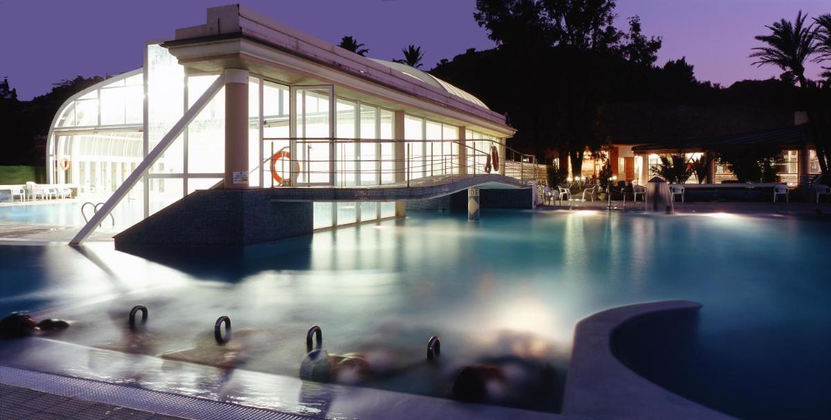 un grupo de patos nadando en una piscina por la noche en Balneario de Archena - Hotel León, en Archena