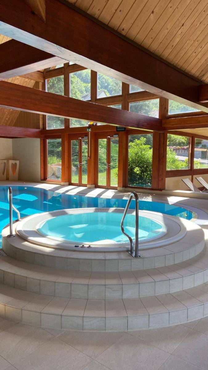un grand jacuzzi dans une grande pièce avec des fenêtres dans l'établissement LE CLOS DES SOURCES Hôtel & Spa, à Thannenkirch 25 autres photos