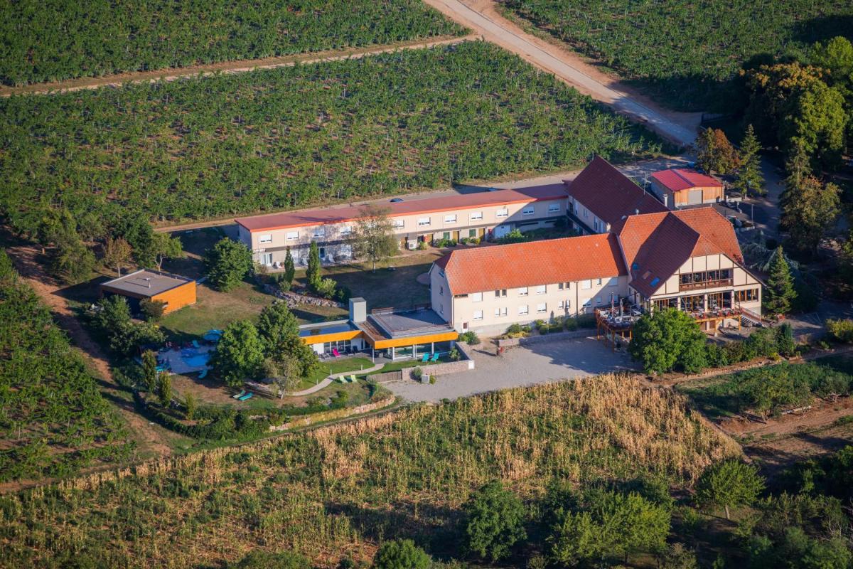 une vue aérienne sur une ferme avec un bâtiment dans l'établissement Hôtel du Bollenberg - Restaurant "Côté Plaine" - Spa de la Colline, à Westhalten