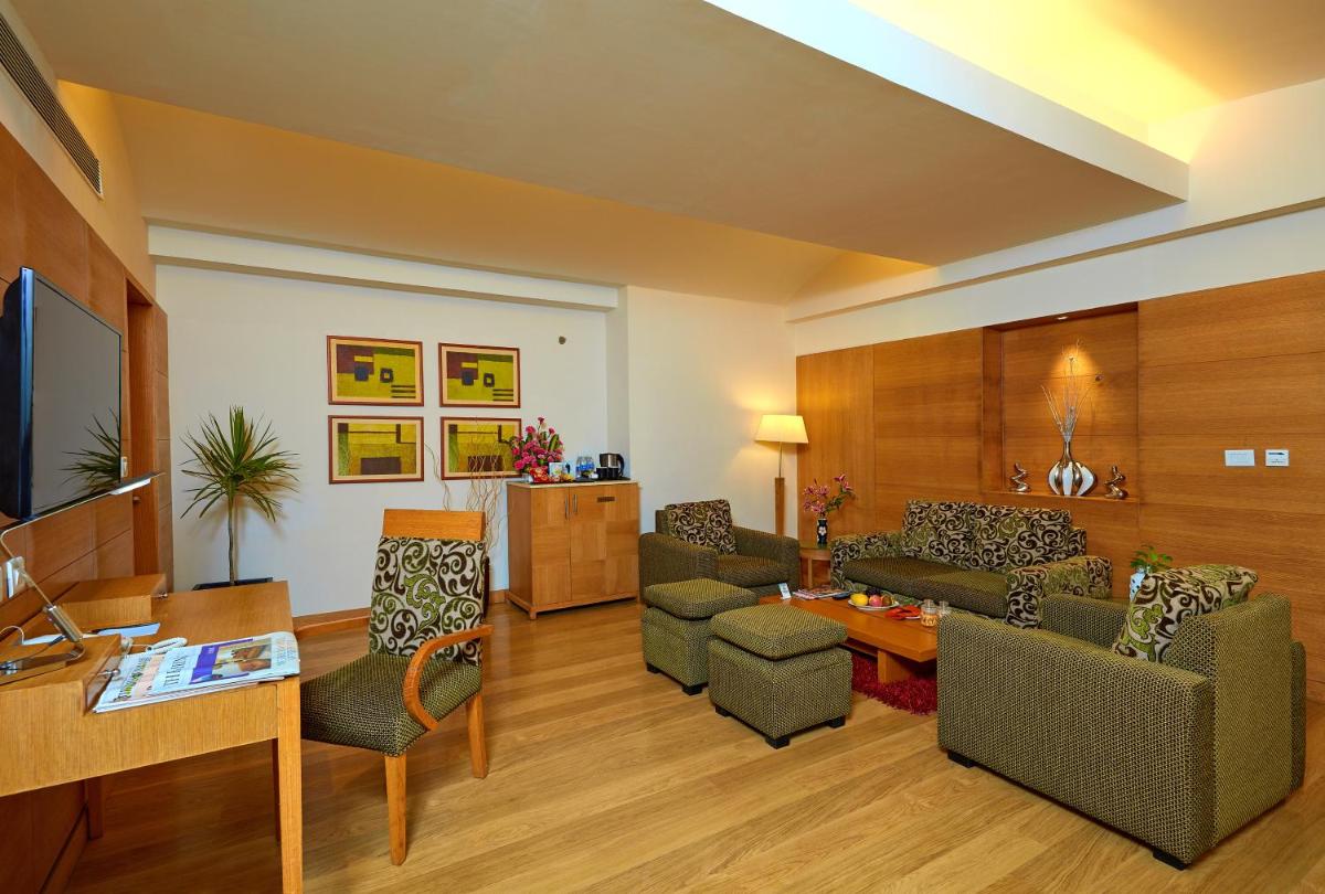 a living room with a couch and chairs and a tv at Park Plaza Chennai OMR in Chennai