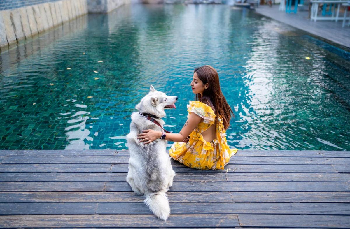 a girl is sitting on a dock with a dog at Hyatt Hyderabad Gachibowli in Hyderabad