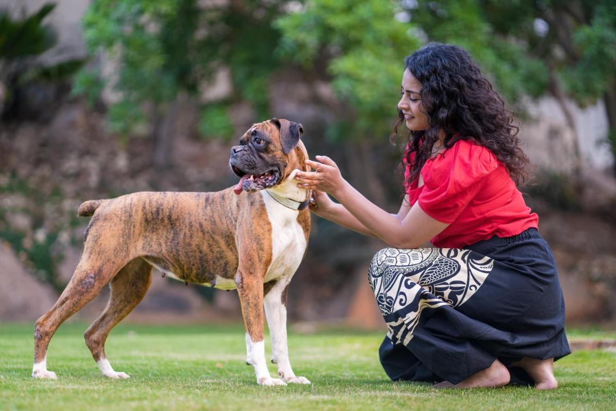 a woman is petting a brown and white dog at Hyatt Hyderabad Gachibowli in Hyderabad