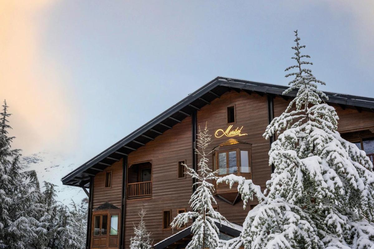 una cabaña de madera con árboles nevados delante de ella en Hotel Maribel, en Sierra Nevada