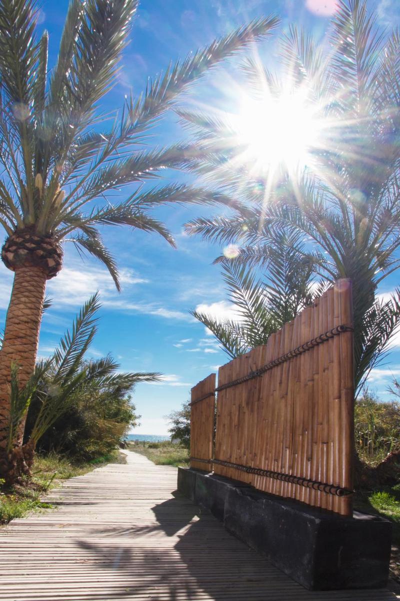 Una valla de madera y palmeras en una acera. en Hotel Playas de Guardamar, en Guardamar del Segura