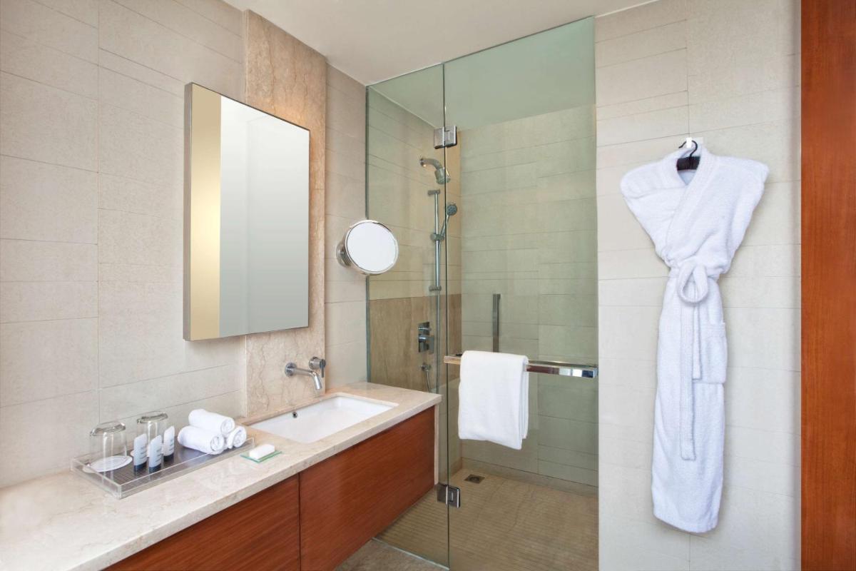 a bathroom with a sink and a shower with a mirror at Hyatt Regency Amritsar Hotel & Spa in Amritsar