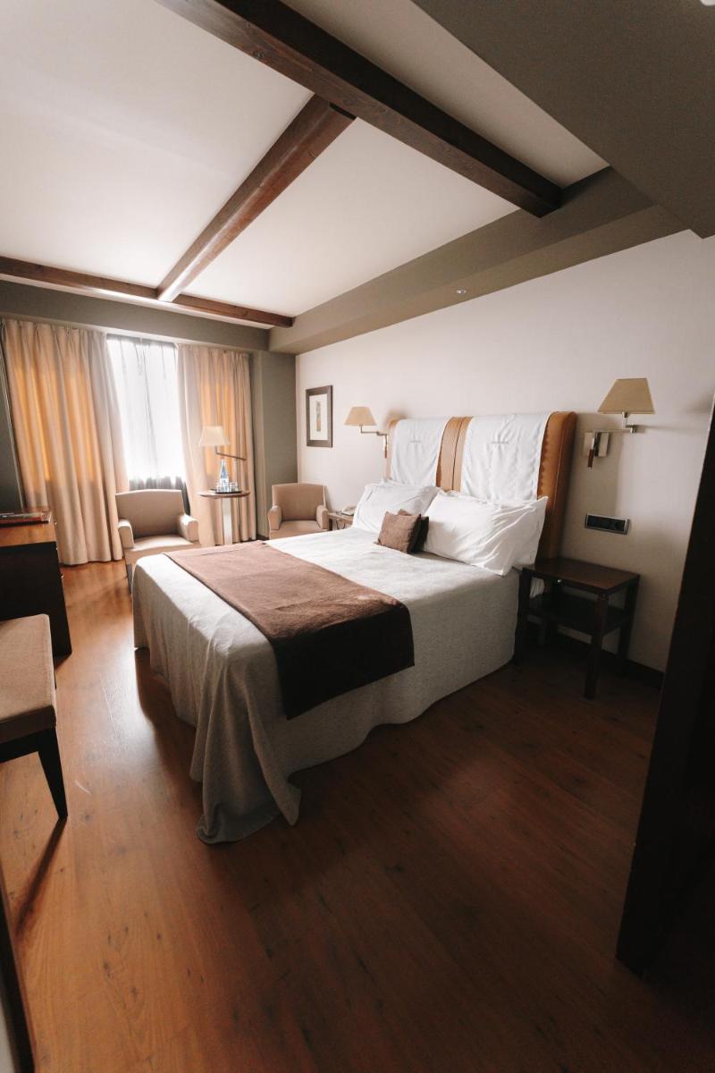 Una habitación de hotel con una cama grande y una silla. en Hotel Spa Balfagon, en Cantavieja