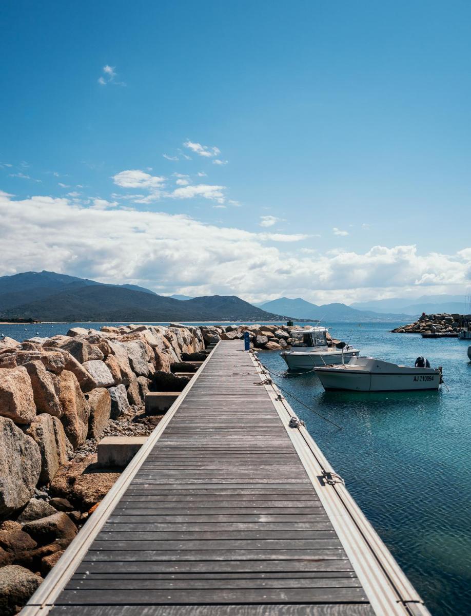 - un quai en bois avec des bateaux sur l'eau dans l'établissement Le Golfe, à Porto Pollo