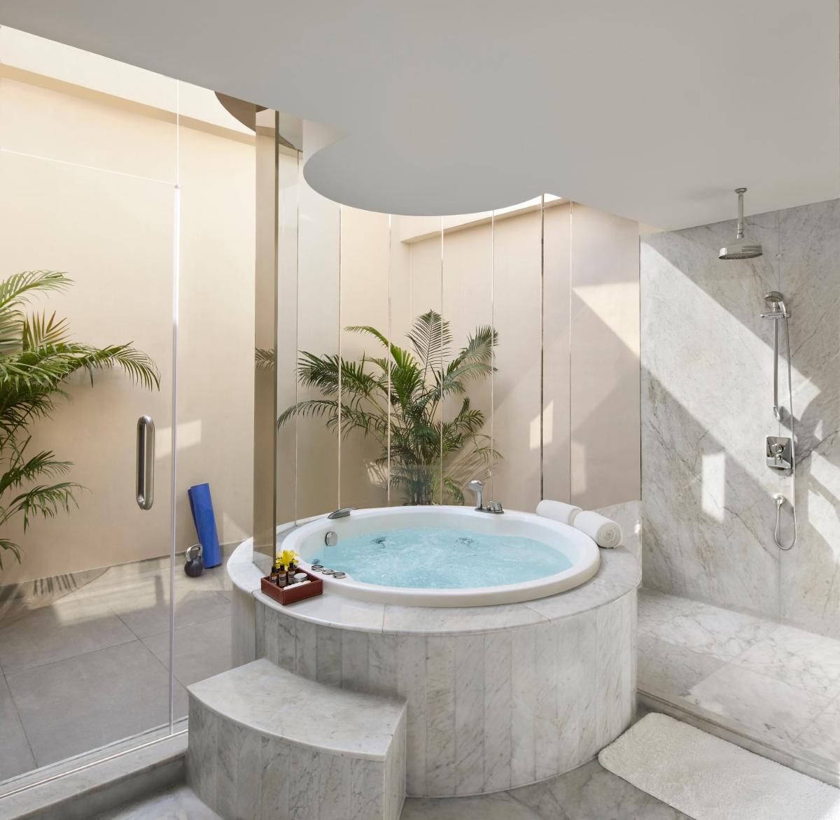 a bathroom with a tub with a plant in it at Hyatt Regency Kolkata in Kolkata a bathroom with a tub with a plant in it at Hyatt Regency Kolkata in Kolkata