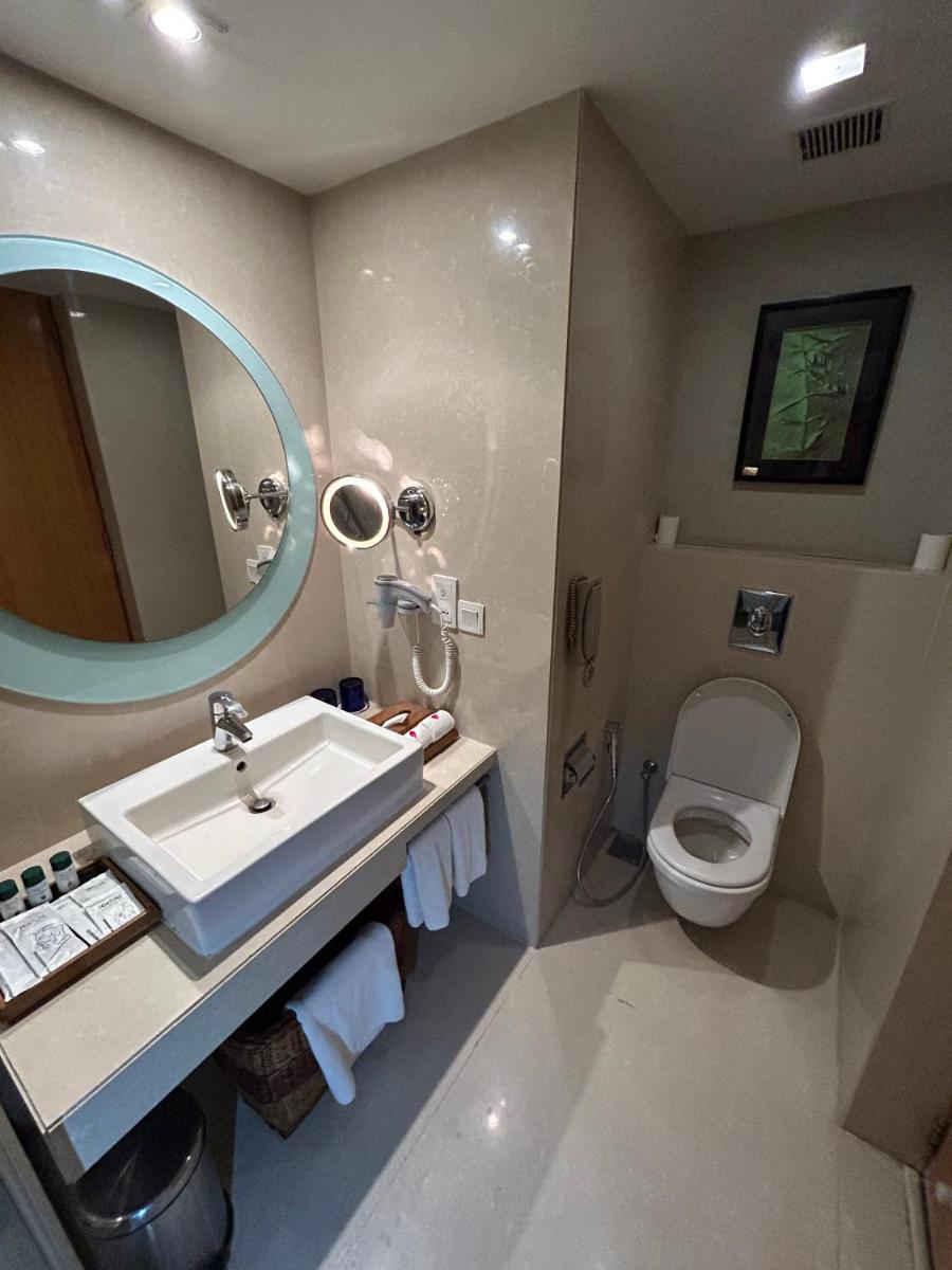 a bathroom with a sink and a toilet and a mirror at Fortune Select SG Highway, Ahmedabad - Member ITC Hotels' Group in Ahmedabad