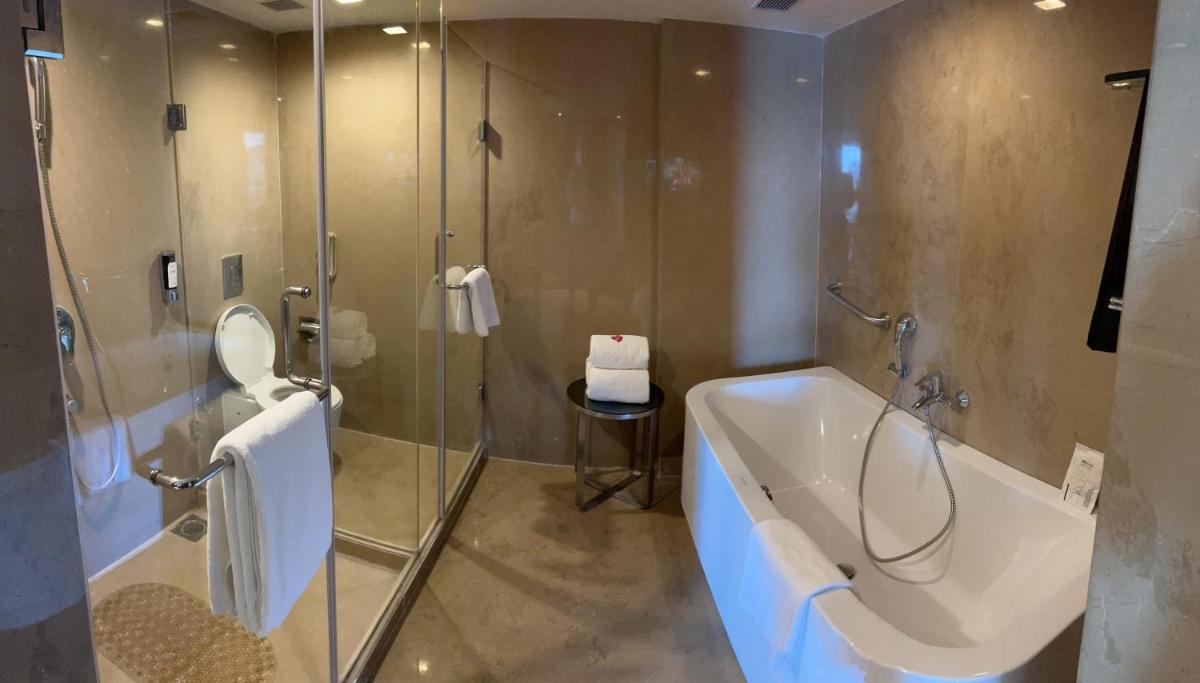 a bathroom with a shower and a tub and a toilet at Fortune Select SG Highway, Ahmedabad - Member ITC Hotels' Group in Ahmedabad