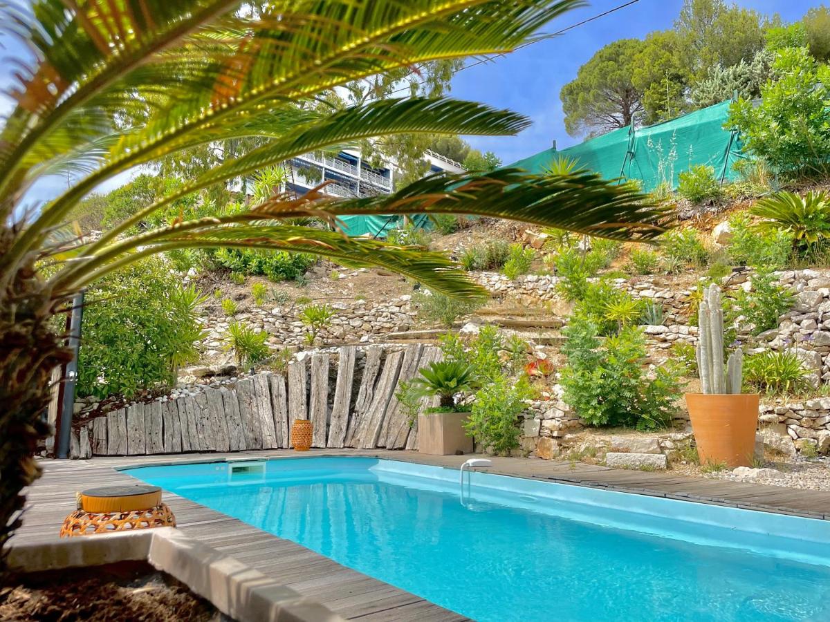 une piscine dans un jardin avec un palmier dans l'établissement Hotel de La Plage - Mahogany, à Cassis