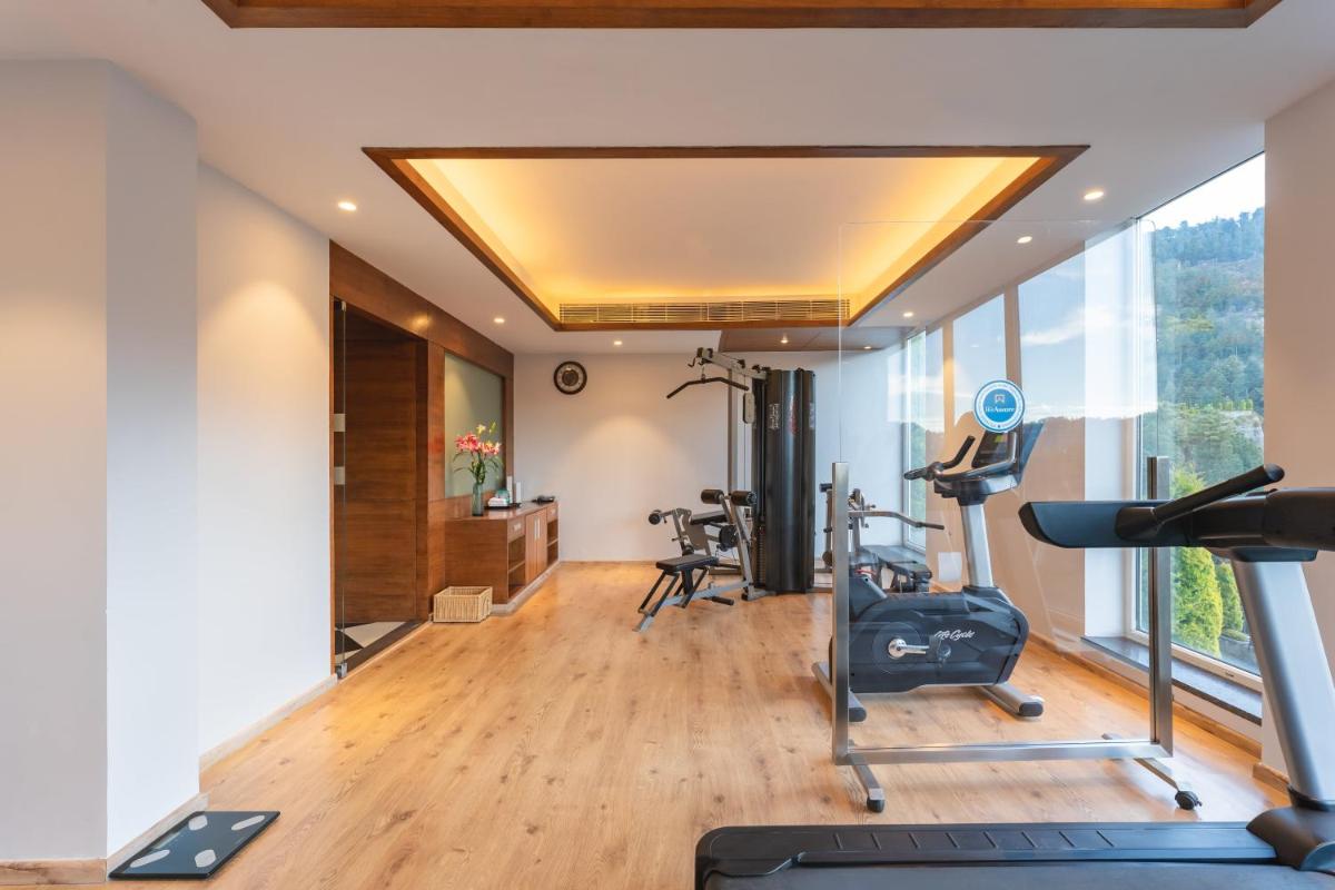 a gym with treadmills and ellipticals in a room with windows at Welcomhotel by ITC Hotels, Shimla in Shimla