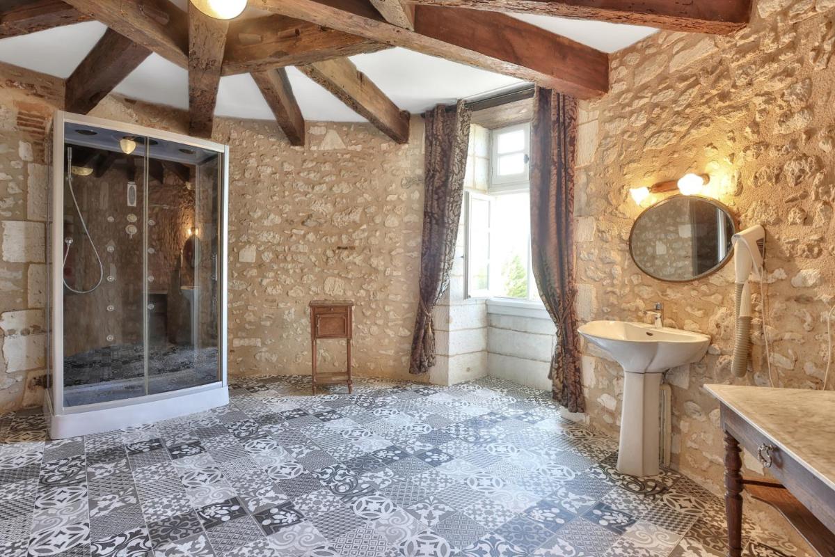 une salle de bain avec douche et lavabo dans l'établissement Hôtel & SPA Château de La Côte - Brantôme, à Biras