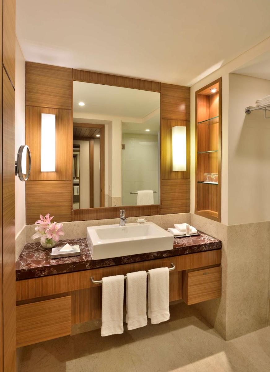 a bathroom with a sink and a large mirror at Radisson Blu Hotel, Indore in Indore