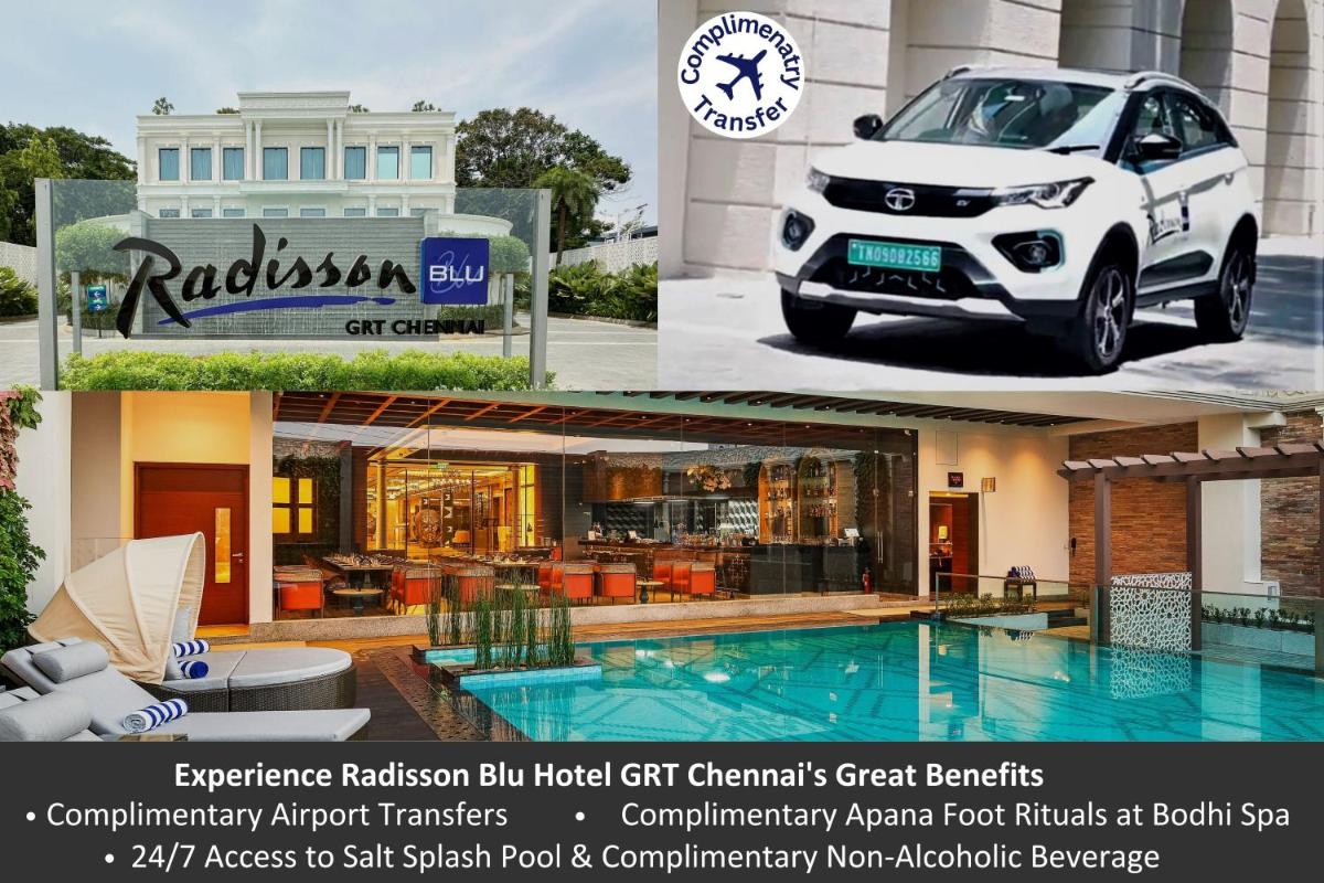 a collage of photos of a car and a building at Radisson Blu Hotel & Suites GRT Chennai in Chennai