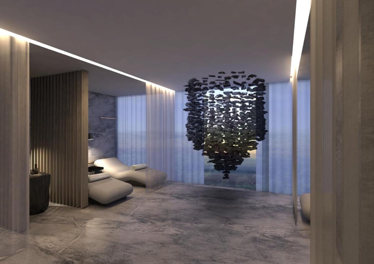a rendering of a living room with a chandelier at Taj The Trees, Mumbai in Mumbai