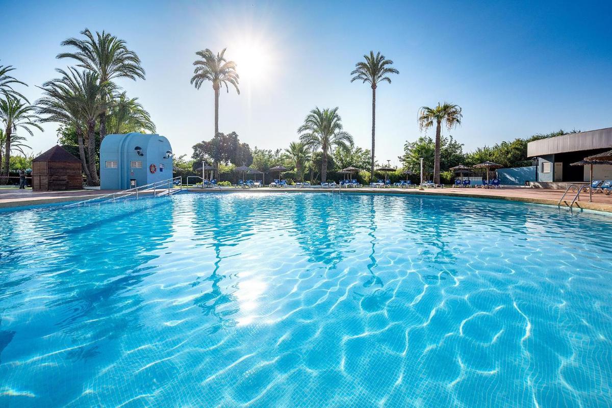 Una gran piscina con palmeras al fondo. en Hotel Playas de Guardamar, en Guardamar del Segura