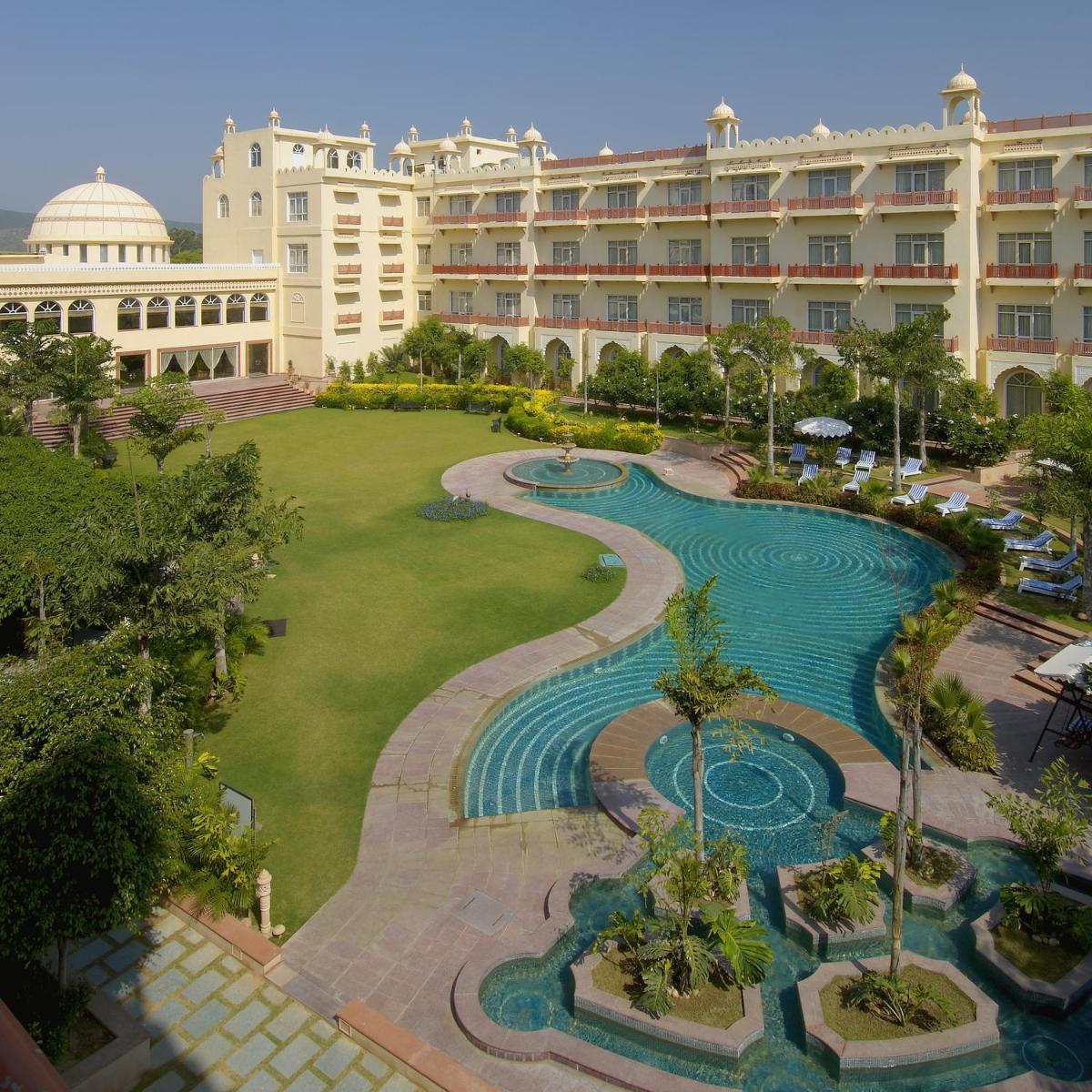 an aerial view of a resort with a swimming pool at Le Meridien Jaipur Resort & Spa in Jaipur