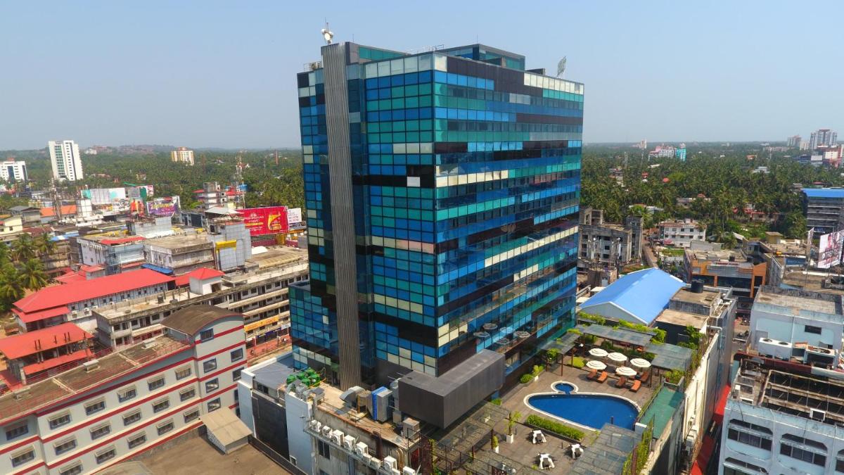 an overhead view of a tall building in a city at The Raviz Calicut in Kozhikode