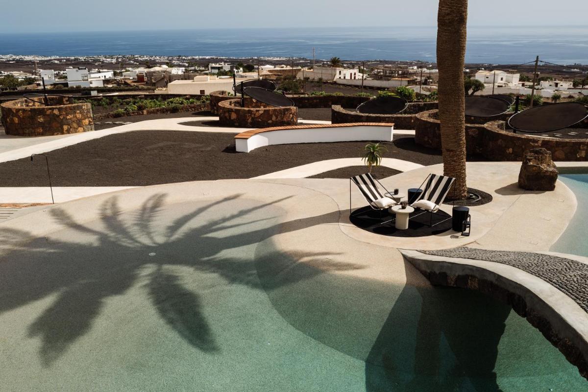 una sombra de una palmera junto a una piscina en César Lanzarote Luxury Boutique Hotel - Adults Only, en La Asomada