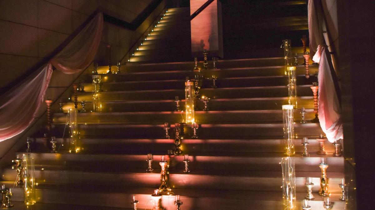 a set of stairs with lights on them at Holiday Inn New Delhi Aerocity by IHG in New Delhi