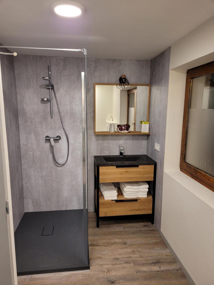 une salle de bain avec douche et lavabo dans l'établissement Hôtel Belalp, à Châtel 46 autres photos