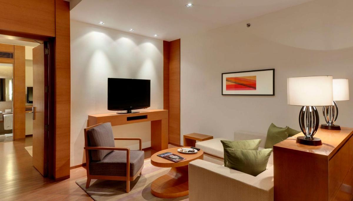 a living room with a couch and a tv at Hyatt Pune in Pune