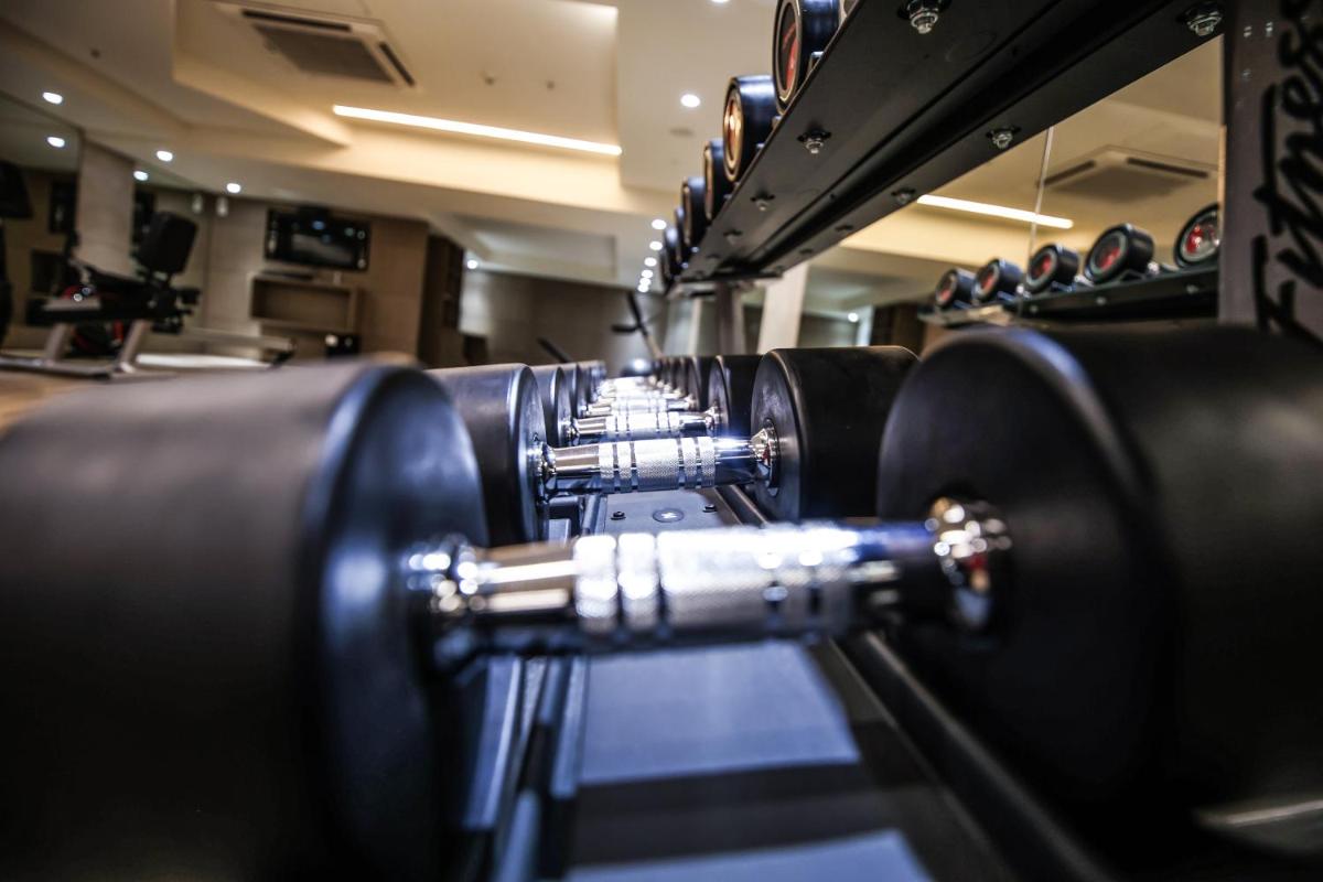 a row of black dumbbells in a gym at Ramada Plaza by Wyndham Lucknow in Lucknow
