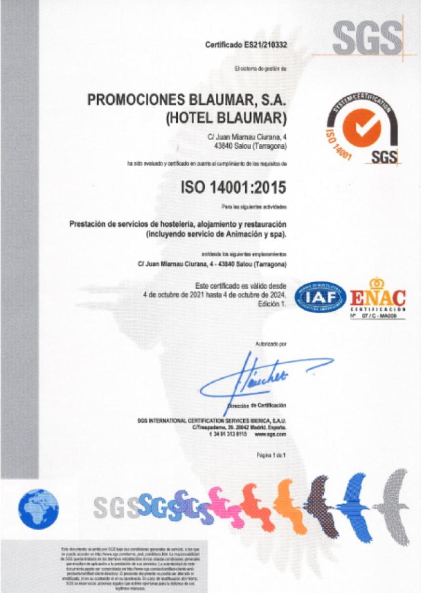 Certificado, premio, señal o documento que está expuesto en Blaumar Hotel