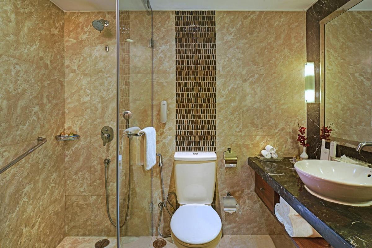 a bathroom with a shower and a toilet and a sink at Radisson Jaipur City Center in Jaipur