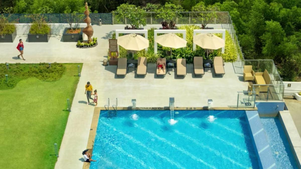 an overhead view of a swimming pool at a resort at O by Tamara, Trivandrum in Trivandrum