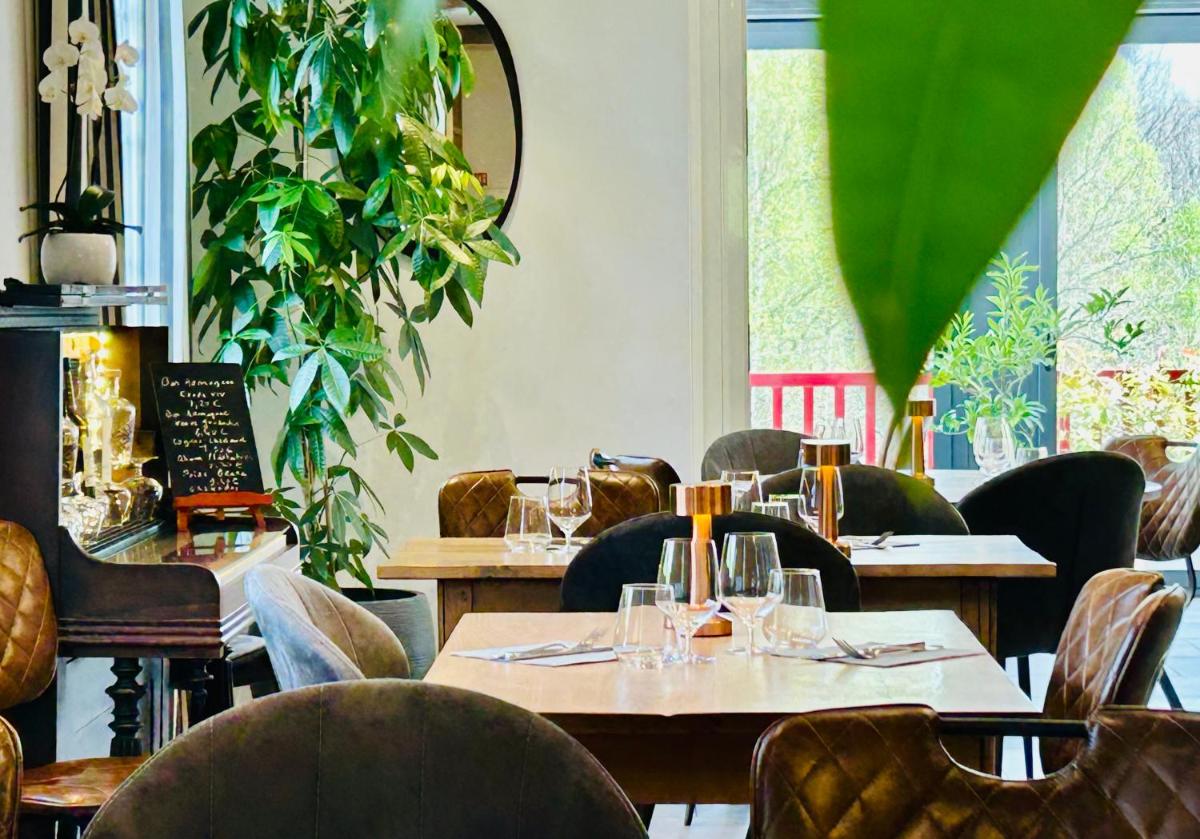 un restaurant avec des tables et des chaises en bois et des plantes dans l'établissement LOGIS Hôtel St Sylvestre, à Aldudes