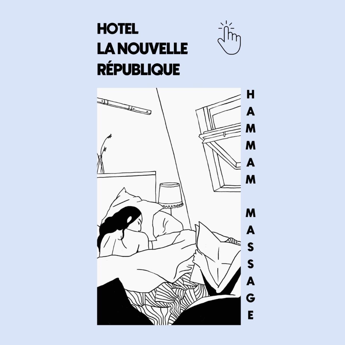 un dessin en noir et blanc d'une femme avec un parapluie dans l'établissement Hôtel La Nouvelle République & Hammam, à Paris