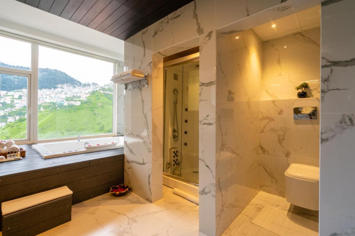 a bathroom with a shower and a toilet and a window at The Orchid Shimla in Shimla