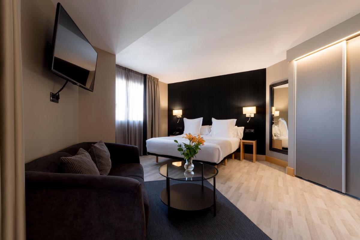 Habitación de hotel con sofá, cama y TV en Hotel Plaza, en A Coruña