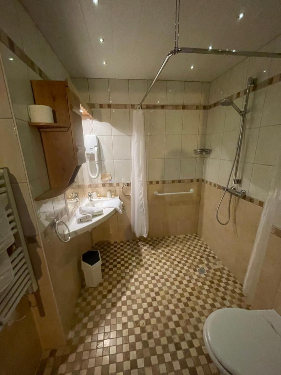 une salle de bain avec un lavabo, une douche et des toilettes dans l'établissement Hotel Le Ferraillon, à Abondance 61 autres photos