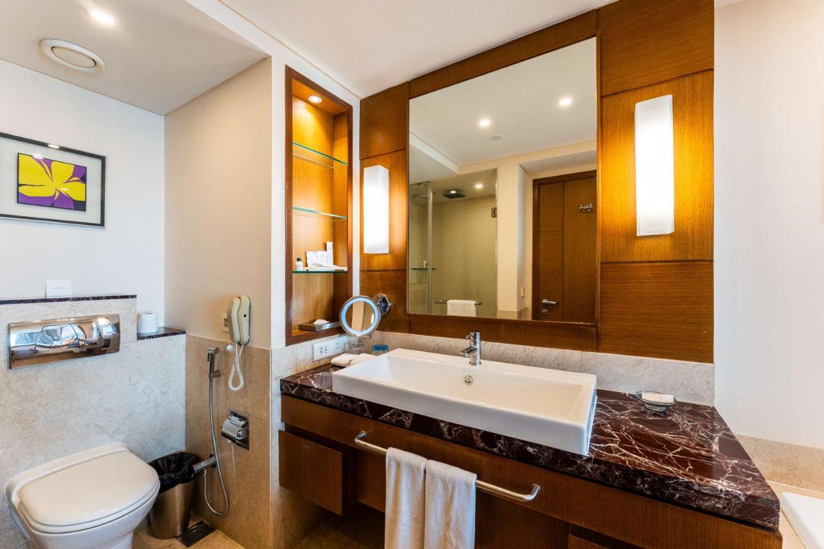 a bathroom with a sink and a toilet and a mirror at Radisson Blu Hotel, Indore in Indore